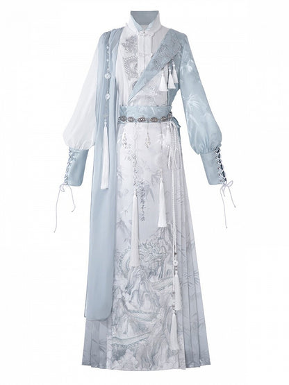 Hanfu Outfit Shirt & Mamian Skirt Set with Bamboo Dragon Print & Waist Chain - Han Ru Chu Hanfu &amp; Han-Element Studi