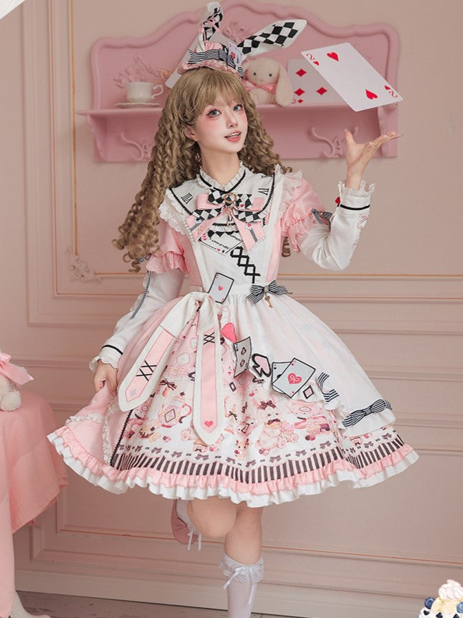 Sweet Lolita Apron Dress OP Full Set with Bunny & Teapot Print in Pink - Ying Luo Fu