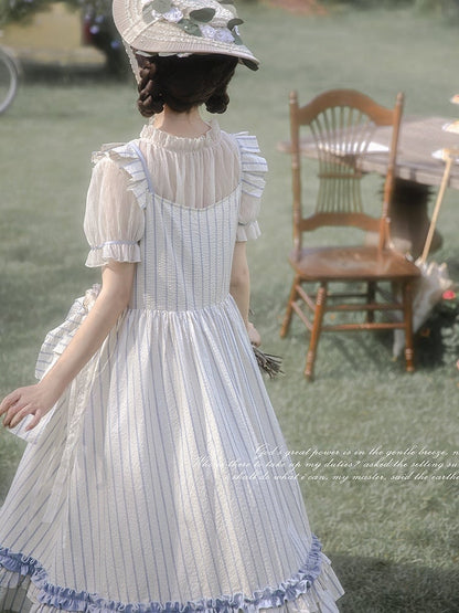 Waistbelt Flutter with Blue Striped Beige Sleeves and Dress