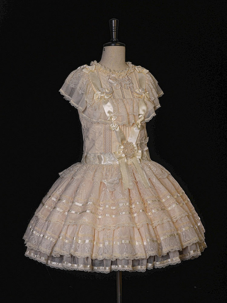 Retro Beige Lolita Lace Gown with Satin Ribbon Accents - Twin Bear Original Design