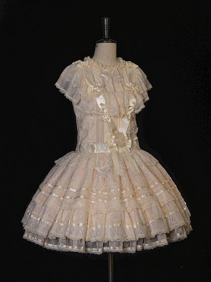Retro Beige Lolita Lace Gown with Satin Ribbon Accents - Twin Bear Original Design