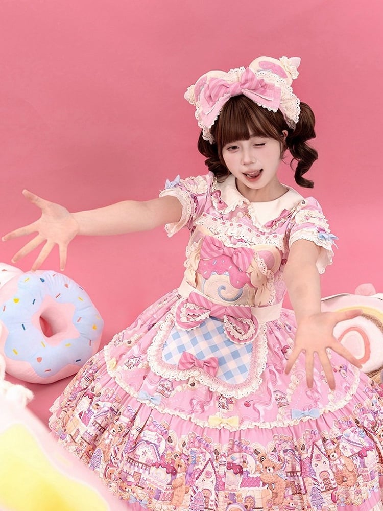 Bear Cake Theme Sweet Lolita OP Dress with Floral Print Skirt & Lace Trim - Mewroco