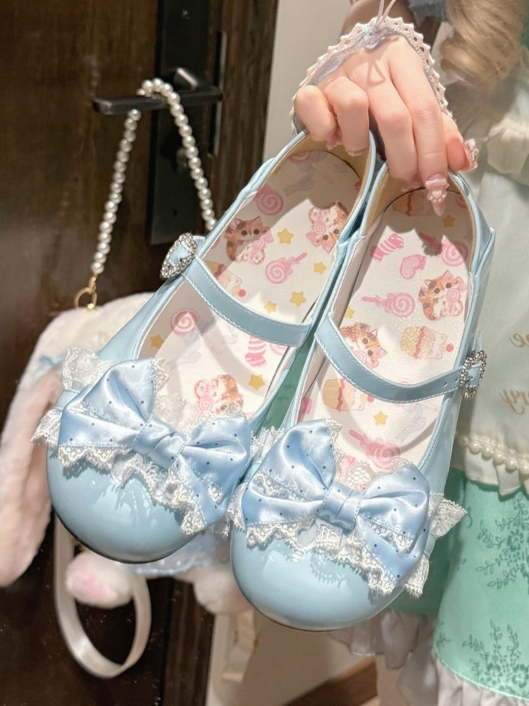 Bow Decor, Lace Appliqué & Crystal Heart Buckle Sky Blue Flats in Sweet Lolita
