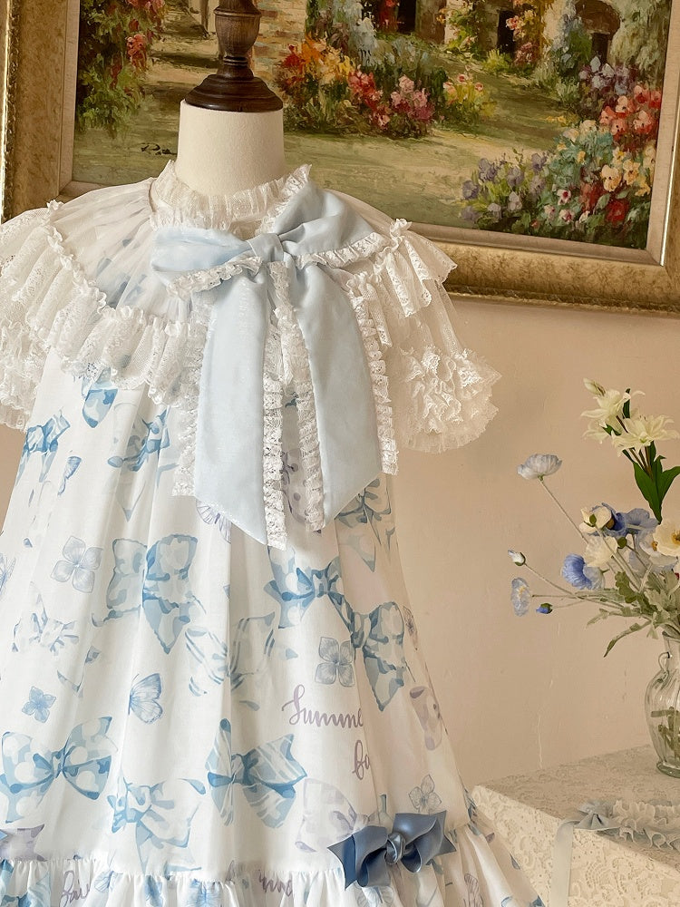 Blue Big Bowknot on Neckline Bows Double Layered Lolita Dress