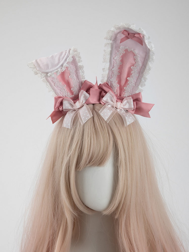 Bows Hair Clip Pastel Bunny-Ear Pink Set with Polka-Dot