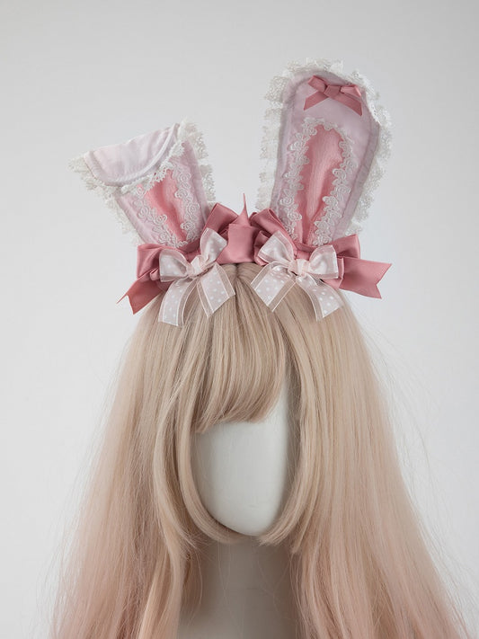 Bows Hair Clip Pastel Bunny-Ear Pink Set with Polka-Dot