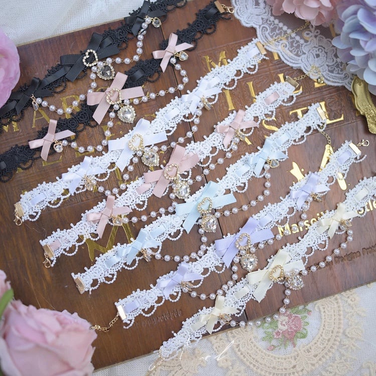 7 and Kei Jirai Beaded Chain Colors Charms Heart Choker Rhinestone Bow with