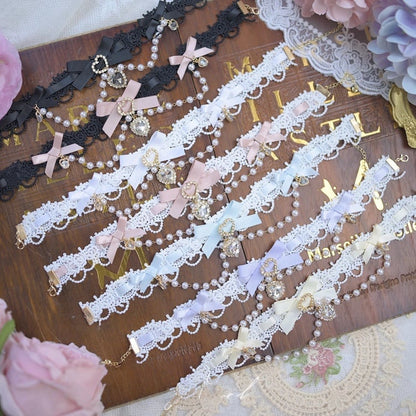 7 and Kei Jirai Beaded Chain Colors Charms Heart Choker Rhinestone Bow with