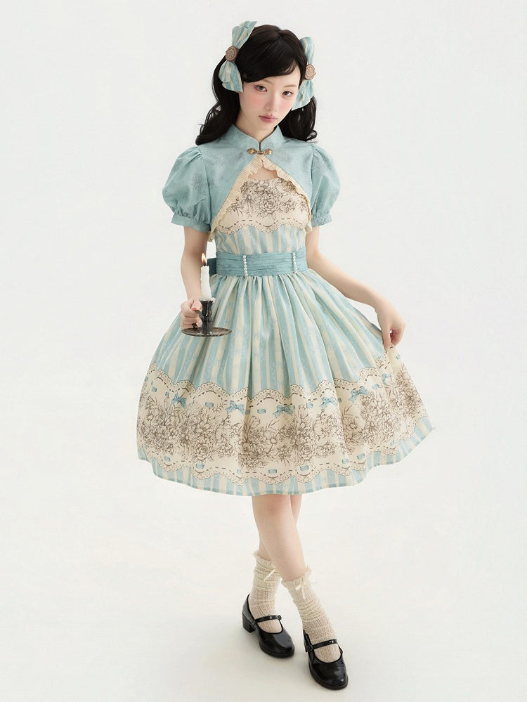 Clock Print and Short Blue Version Lolita Classic Floral Skirt Jumper