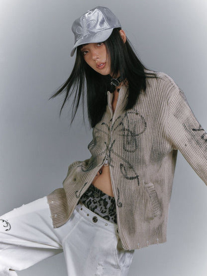 カーキのツーウェイジッププラケットダメージニットセーター、ウェイストランドパンク