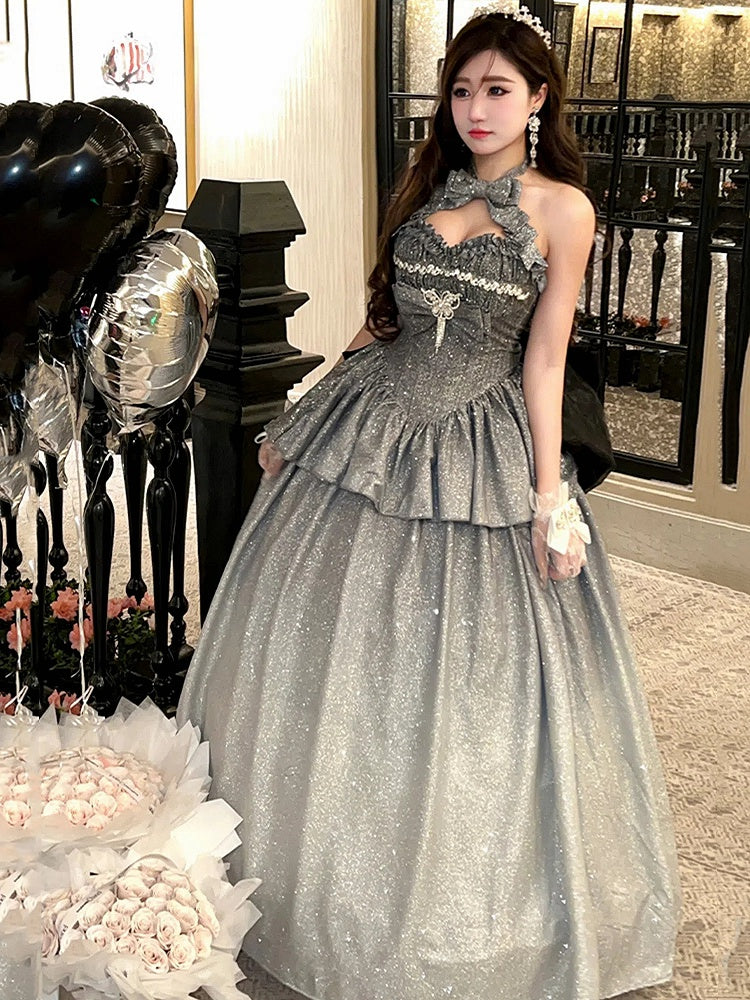 輝くグラデーションシルバーホルターネック スウィートハートネックライントップ + ロングスカート バースデーボールガウン