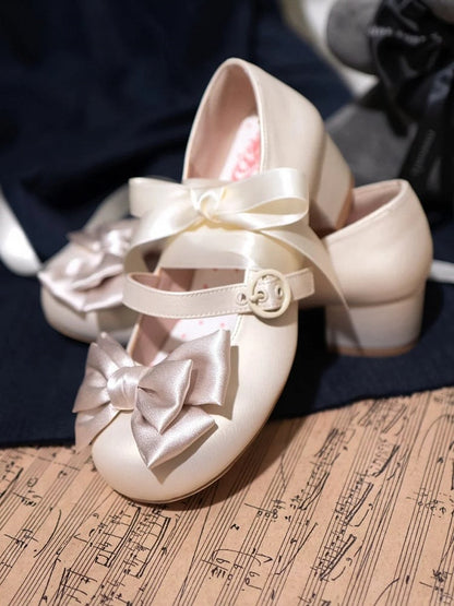 Round Ankle at Lace-up Heels Sweet Beige Toe Low Bow - Top