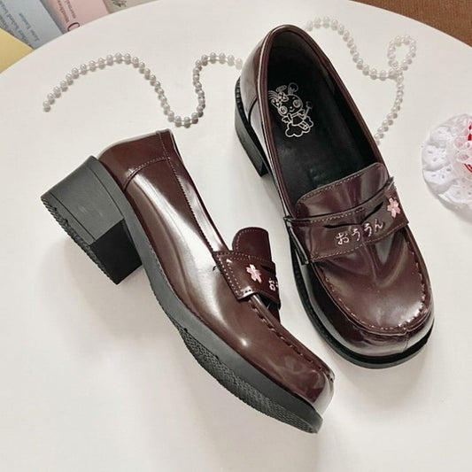 with Blossom Heel Cherry Uniform Embroidery Brown Shoes Style 3 School Options