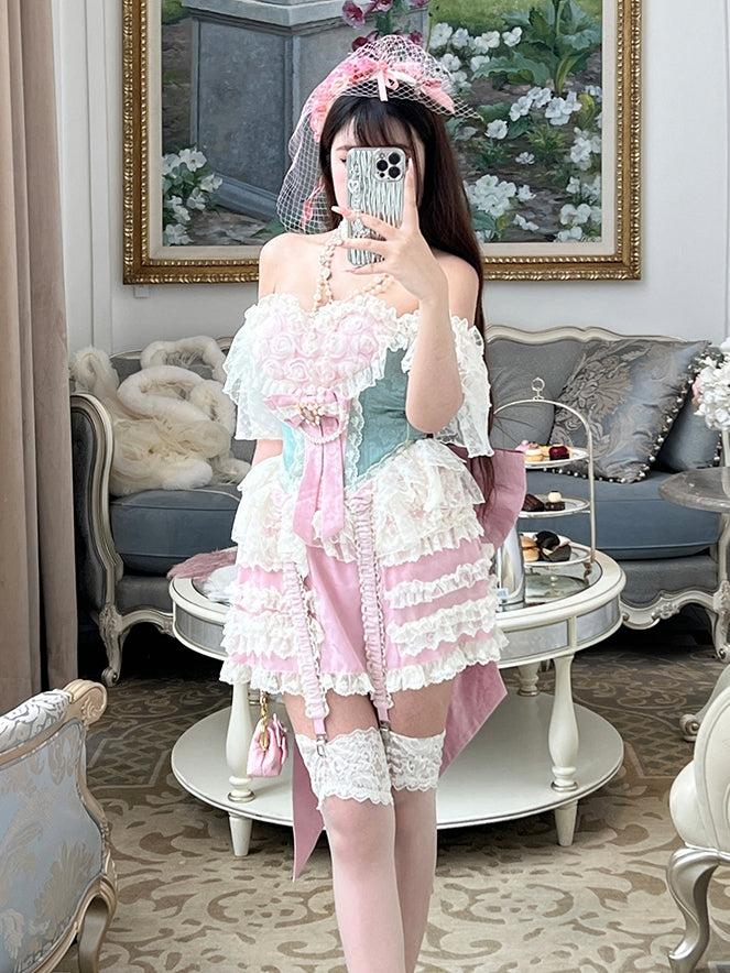 Rokoko Sweetheart Skort + Korsett Top Grünes Outfit Rosa Ausschnitt Rosen