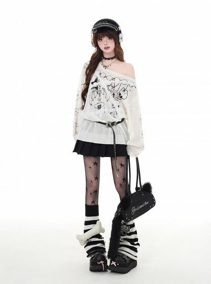 アシンメトリーネックラインのレース、ブラック/ホワイト、日焼け防止、グラマラスなアップリケ、グラフィックトップ