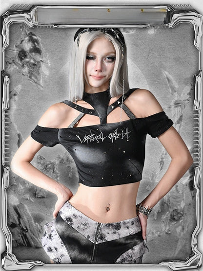 未来的なブラックホルターネックファッションサイバーパンクトップス、取り外し可能な袖付き、Y3Kクロップド丈