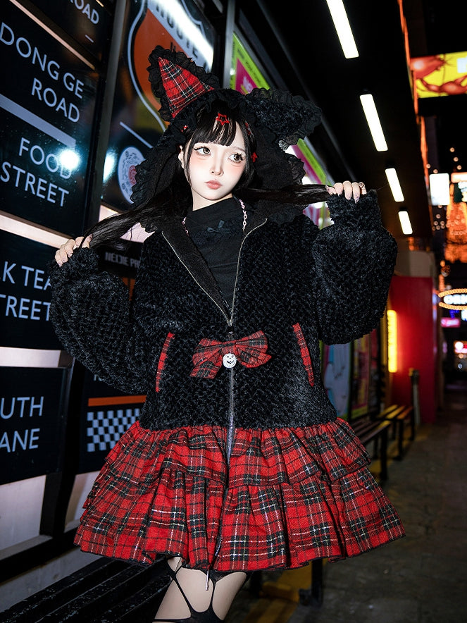 Black Kitty Ears Hooded Plush Jacket Bodice and Red Plaid Skirt Hem Zip Placket Dress
