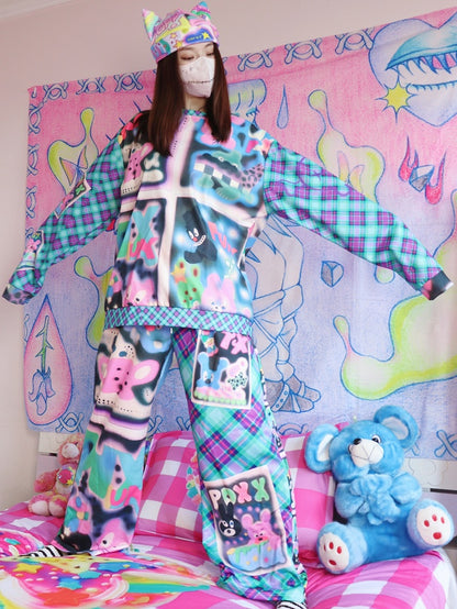 Blau/Rotes Sweatshirt mit Gyaru-Karomuster und Cartoon-Modedruck