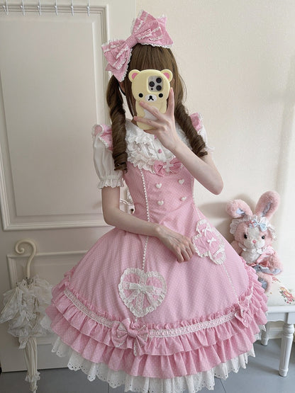 Pink Ruffle Lolita Dress Nurse Hemline Polka-dot Layered Pattern