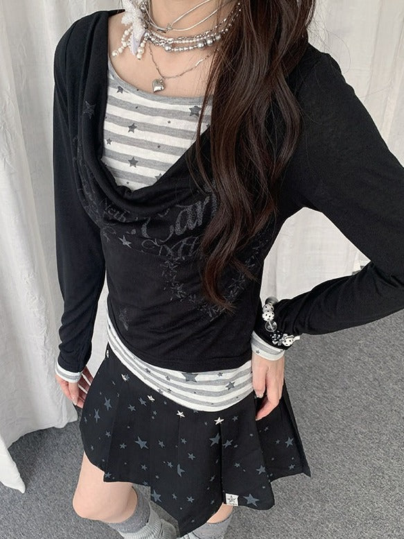Black/White Cowl Neck Fake Two-Piece Long Sleeve Top with Stripes and Stars - Solkatt