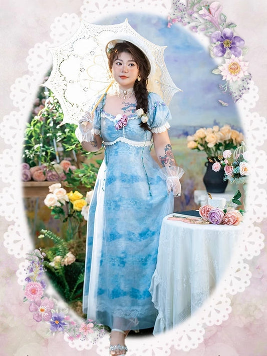 Kurze Größe Blau Puffärmel Ausschnitt Quadrat und Plus Cottagecore Kleid Baby