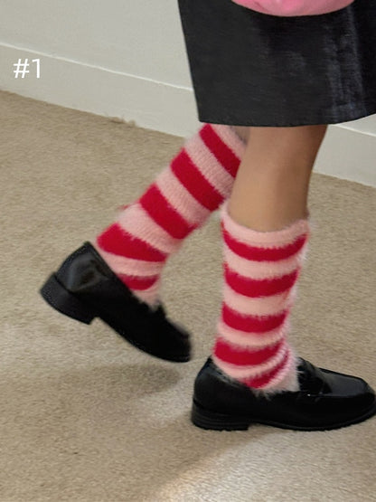 Y2K Striped Pattern Knitted Plush Leg Warmers