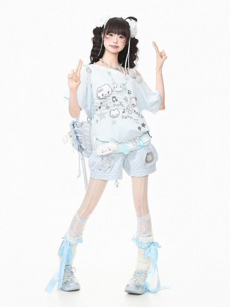 Blue Polka Dot Shorts with Kitty & Music Embroidery - Languid Park