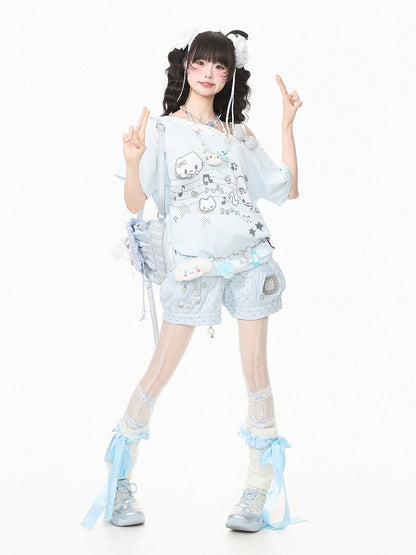Blue Polka Dot Shorts with Kitty & Music Embroidery - Languid Park