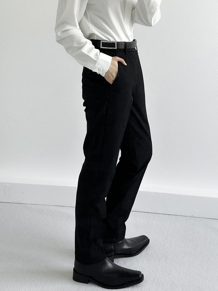Tailored Black Pants Slant Lolita Pockets with Ouji Belt Straight-Leg Loops