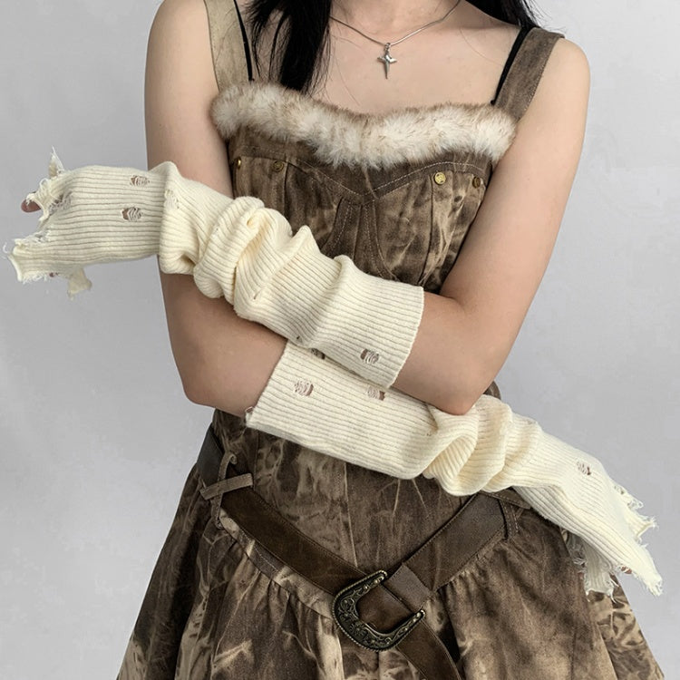 Distressed Holes Fingerless Knitted Long Gloves