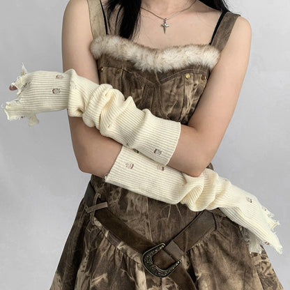 Distressed Holes Fingerless Knitted Long Gloves