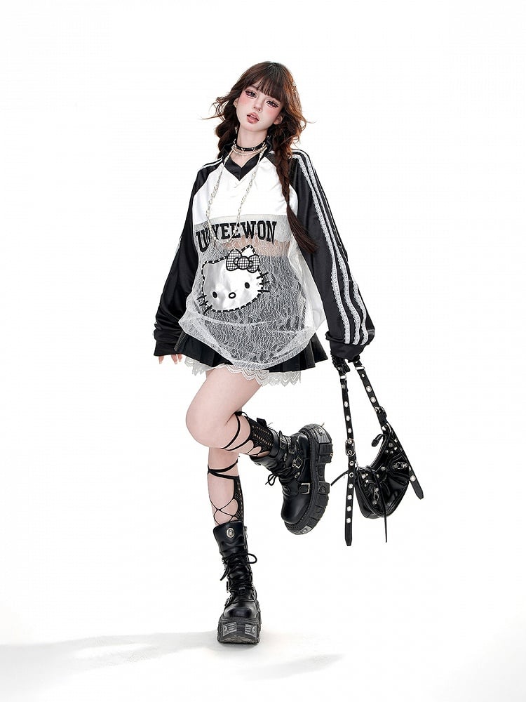 Schwarzer Rock mit hoher Taille und Spitzenbesatz mit Doppelschnalle und Kellerfalten