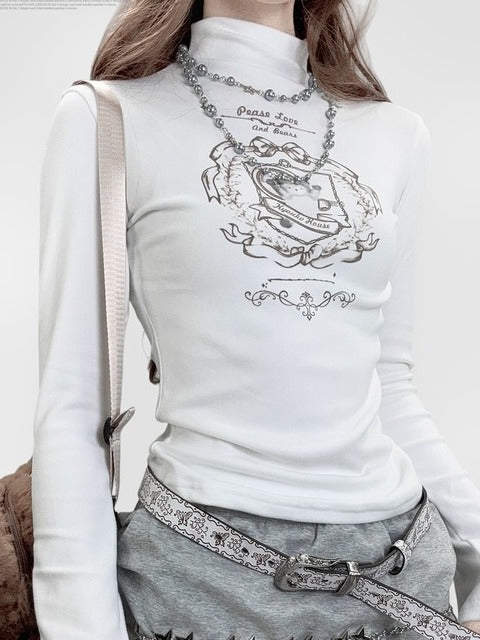 Y2K Neck Sleeve Velvet Pattern Mock Bear With Long T-Shirt White