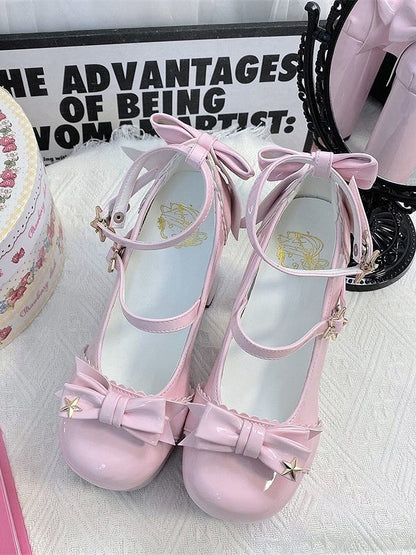Star Bow Elegant Round-Toe Pink 12cm Snap Heels - Platform Height Lolita High with Details Heeled