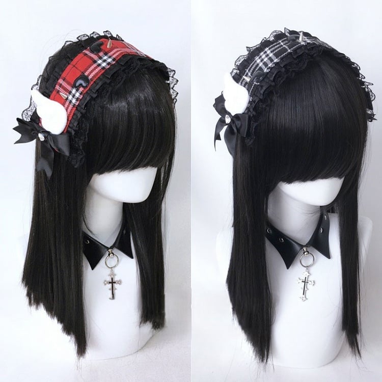 Trim Plaid Hairband Details Studs Black/Red Lace with