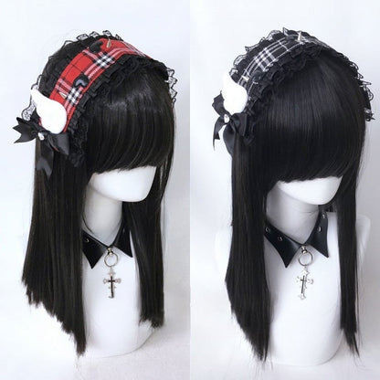 Trim Plaid Hairband Details Studs Black/Red Lace with