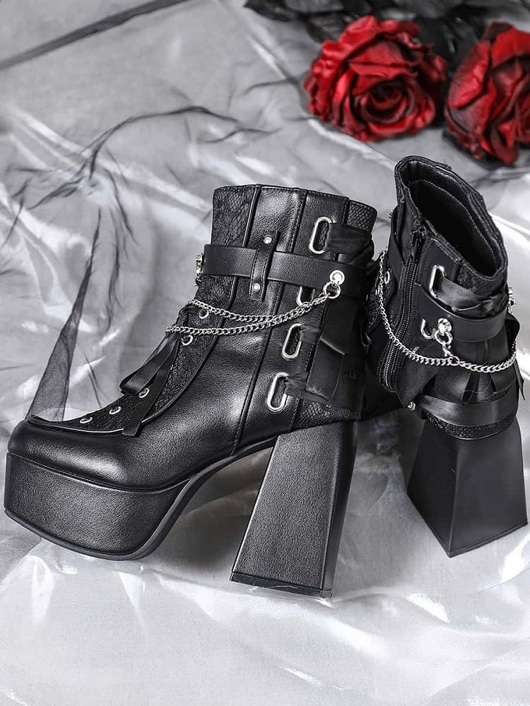 Inner with Chains Zip Block Boots Detachable Black Heel Lace-up Gothic High Details Platform - Ankle