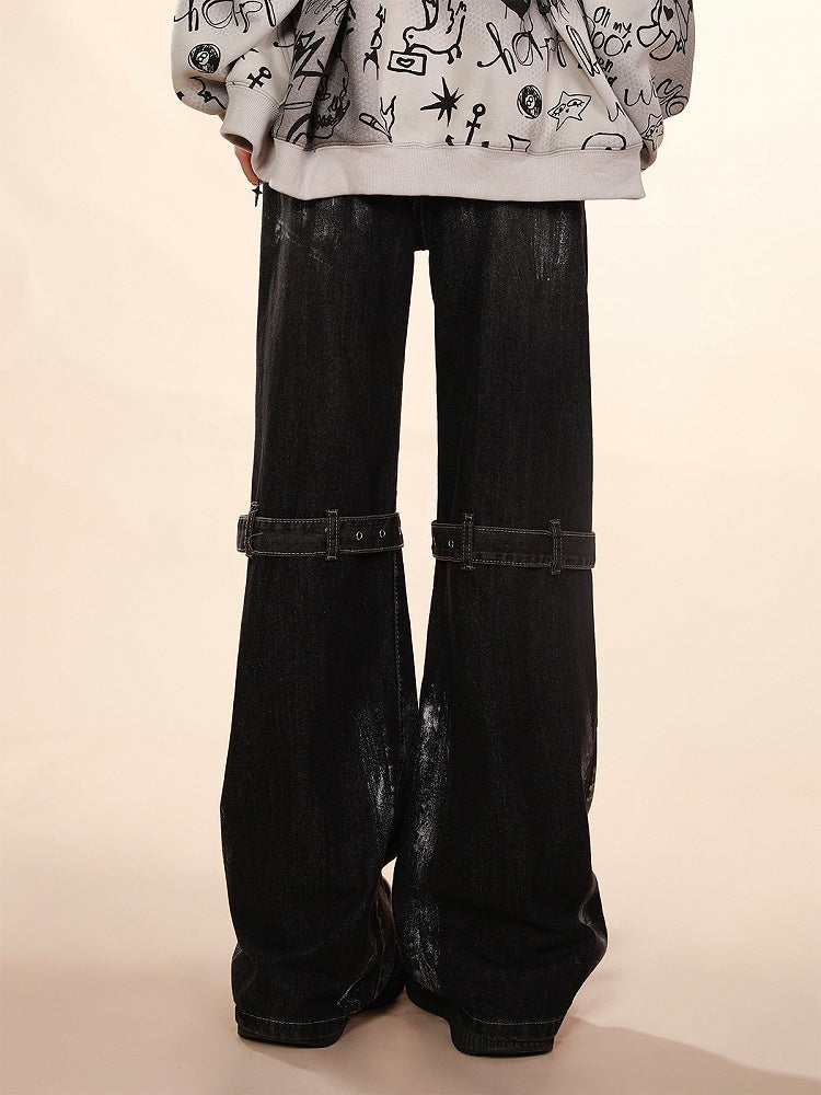 mit verstellbarem Kniegürtel Design Taille Weites Bein Jeans Schwarz Niedrig