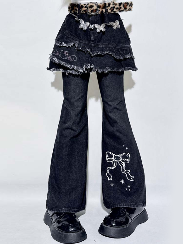 Schwarze Schlaghose mit Schleife und Used-Look