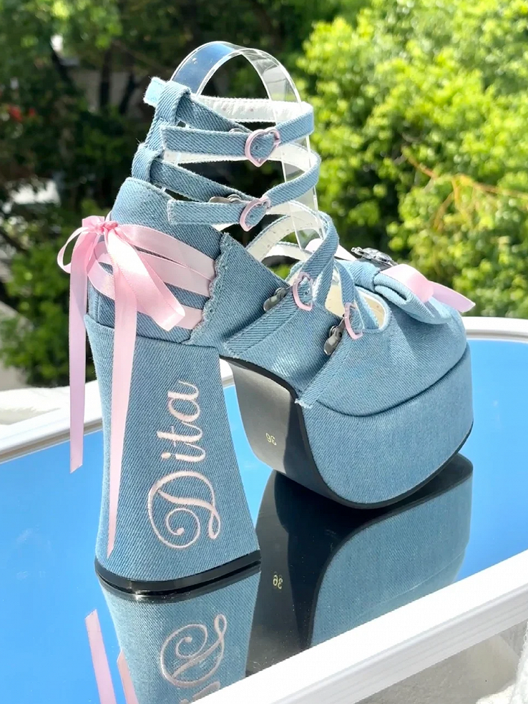 Heels Bow Platform Lolita - Design Crisscross Block Blue at High Top Sweet