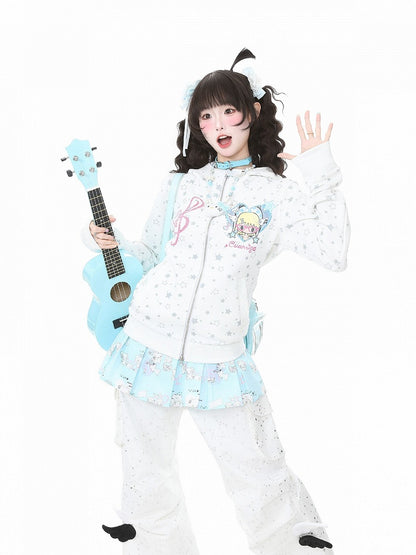 Jacket Print Vintage Star White Cartoon Y2K And Hooded