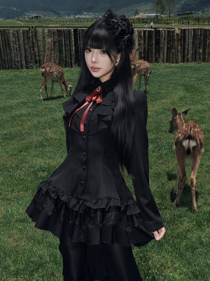 High-Low Ruffled Lolita Dress with Red Bow Tie, Long Sleeve Black for Autumn - muggle studio