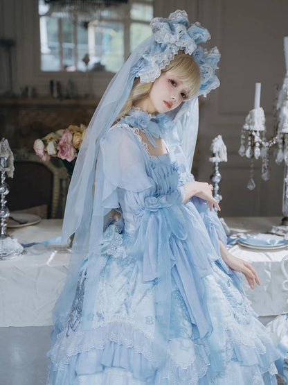 Dress Blue Accents Lolita Version JSK Rose Short Hanayome Layered Ruffles Flowing Light with