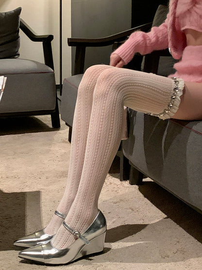 Decorated Socks Over-the-Knee Rhinestones Milky in Sparkling