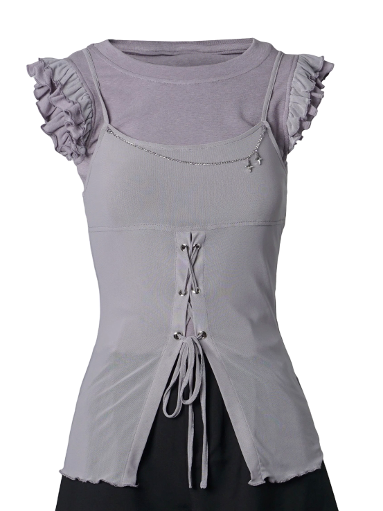 Dusty Purple Two-Piece Set: Flutter Sleeve Top and Split Cami - PINK SAVIOR
