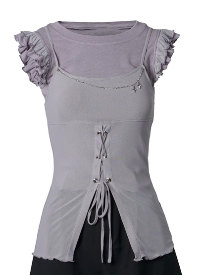 Dusty Purple Two-Piece Set: Flutter Sleeve Top and Split Cami - PINK SAVIOR