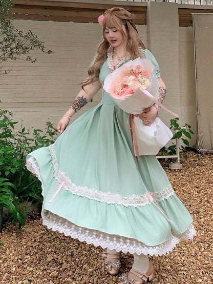 Plus Size Green Sweet Long Dress with Lace & Puff Sleeves - Hard Candy