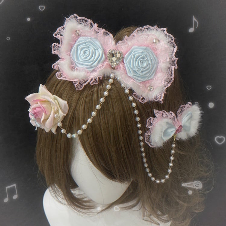 and Pink Style Accessory Lolita Blue Set Designs with Rose Plush Bows Hair
