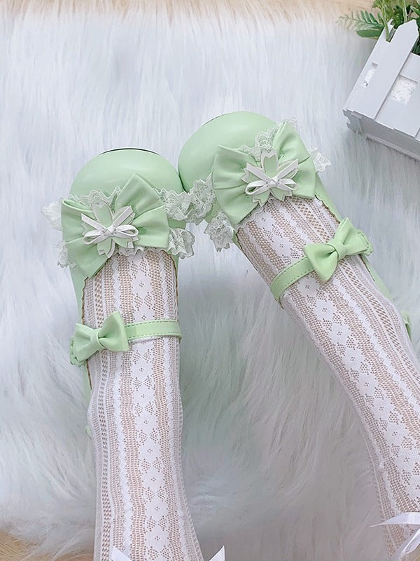 Kawaii Green Cherry Blossom Mid-Heel Lolita Shoes - Hazelnut Bear