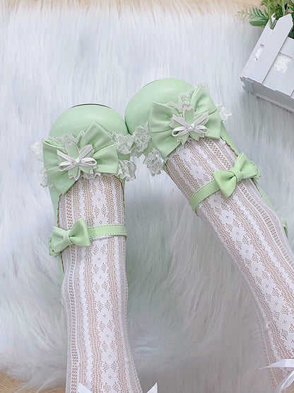 Kawaii Green Cherry Blossom Mid-Heel Lolita Shoes - Hazelnut Bear